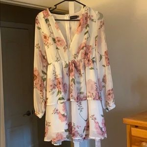 white floral chiffon double tier plunge skater dress